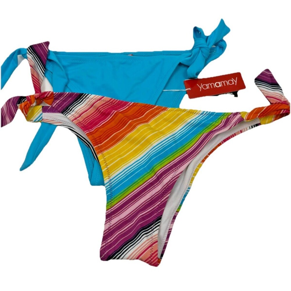 Yamamay Bikini Bottoms Small LOT 2 Side Tie Rainbow Blue UPF Beach Vacation New